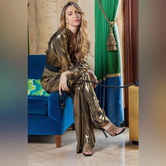 Allison New York Gold Lame Button Down Shirt N273-35 - Picture 2 of 6